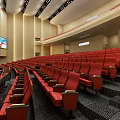 Modern Auditorium Interior With Stage Red Curtain Large Screen Side TV Screens And Seats