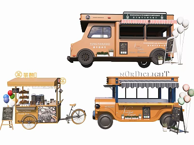 Vintage Style Food Trucks with Menu Boards Balloons Bicycle and Service Windows for Mobile Catering 3d model