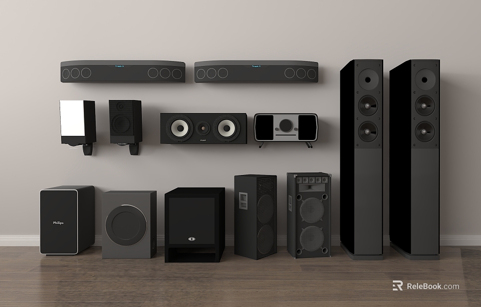 Diverse Home Audio Speaker Collection Featuring Soundbars Bookshelf Floor Standing And Subwoofer Units 3d model 