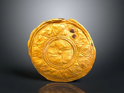 Golden Circular Carved Artifact With Intricate Floral Patterns And Decorative Design 3d model