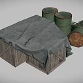 Wooden Crate Covered With Gray Cloth And Green Barrels With Tipped Barrel And Netting