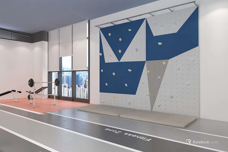 Modern Indoor Leisure Area with Climbing Wall Fitness Equipment Track and Windows 3d model 