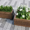 Outdoor Wooden Flower Stands With Green Plants Flowers And People Gardening In Stone Paved