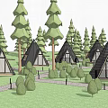 Forest Glamping Site With Pyramid Tents Evening Lighting And People Gathering In Nature