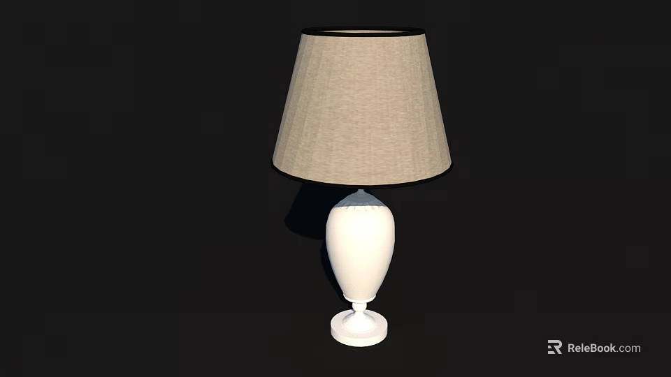 White Base Table Lamp With Beige Fabric Shade Against Black Background 3d model