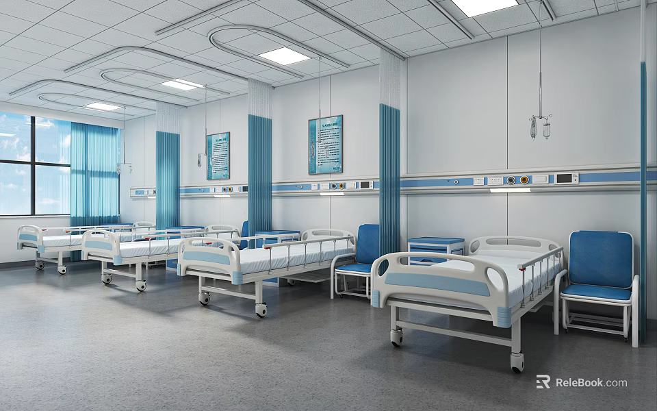 Hospital Ward Interior With Multiple Beds Blue Chairs Medical Equipment And Windows 3d model 