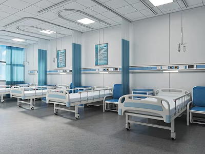 Hospital Ward Interior With Multiple Beds Blue Chairs Medical Equipment And Windows 3d model