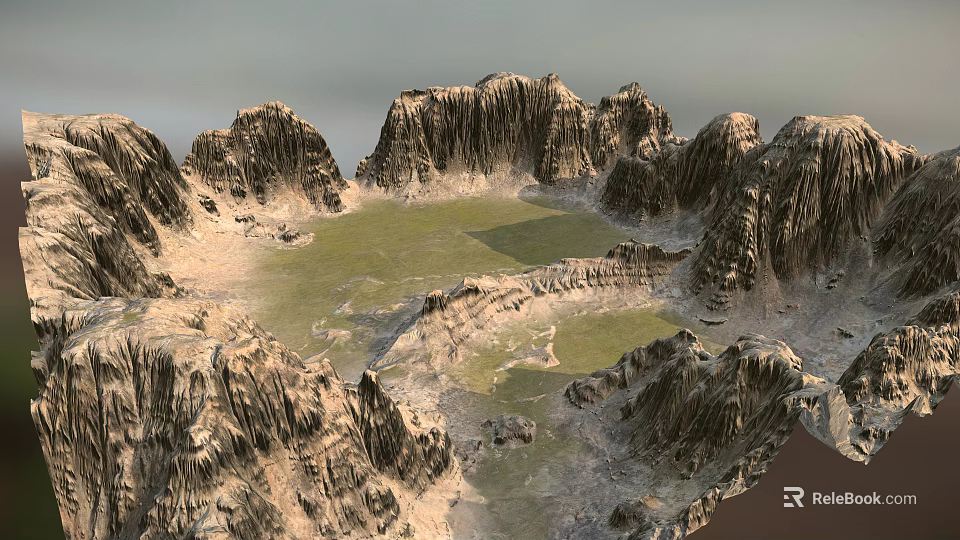 Scenic Mountain Landscape With Circular Peaks Green Valley And Rocky Terrain 3d model 