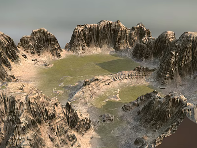 Scenic Mountain Landscape With Circular Peaks Green Valley And Rocky Terrain 3d model