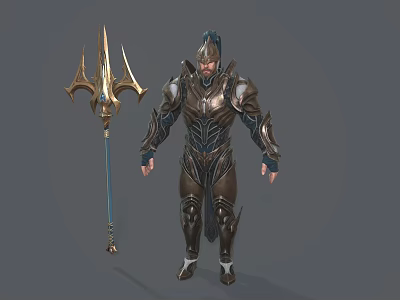 Fantasy Game Character in Detailed Metallic Armor With Ornate Trident Spear For Epic Adventure Scenes 3d model
