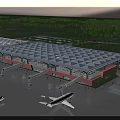 Aerial Planning of Airport Terminal Building With Geometric Roof Airplanes and Green Surroundings
