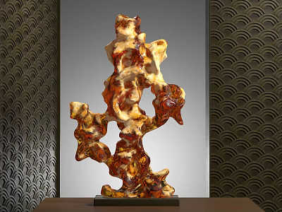 Stone and Wood Sculpture with Unique Texture on Wooden Table and Wave Pattern Wall 3d model