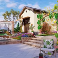 Charming Garden Courtyard With Striped Awnings Greenery Covered Walls Colorful Flowers Pool And Stone Steps