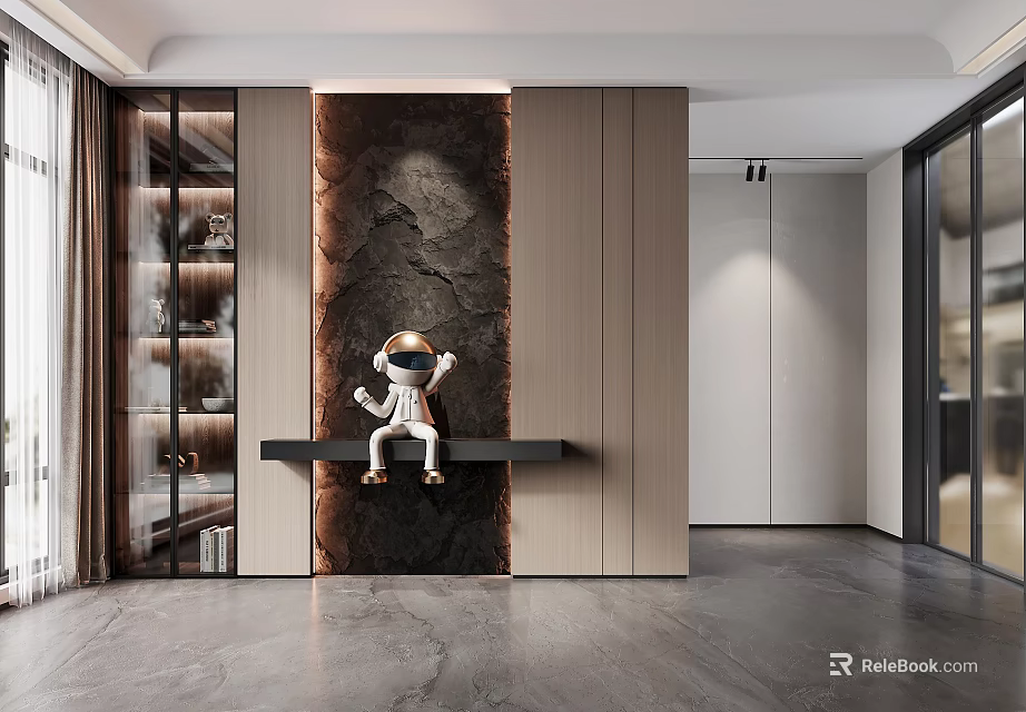 Modern Foyer Hallway With Decorative Wall Astronaut Decor And Glass Cabinet 3d model 
