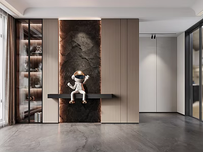 Modern Foyer Hallway With Decorative Wall Astronaut Decor And Glass Cabinet 3d model