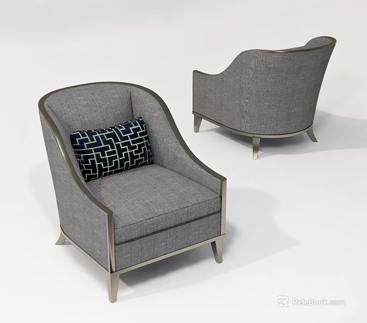 Modern Gray Fabric Single Sofa With Metal Frame And Black Geometric Pillow 3d model