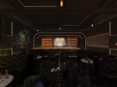 Modern Bar Interior With Dark Lighting Leather Sofas Round Tables And Wine Racks 3d model
