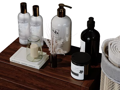 Natural Bathroom Accessories Collection With Wooden Tray Candles Towel Basket And Pampas Grass Bottles 3d model