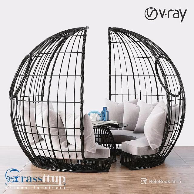 Outdoor Garden Decor Black Wicker Spherical Seat With Cushions And Small Table 3d model 