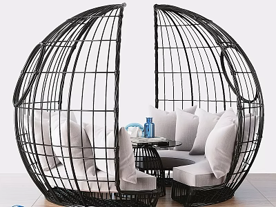 Outdoor Garden Decor Black Wicker Spherical Seat With Cushions And Small Table 3d model