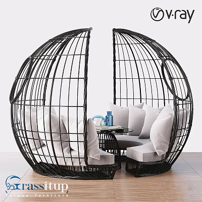Outdoor Garden Decor Black Wicker Spherical Seat With Cushions And Small Table 3d model