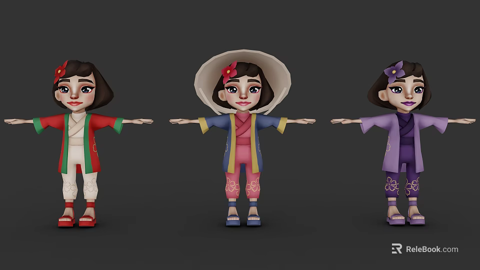 Three Cartoon Game And Movie Girl Characters In Different Colored Traditional Outfits With Hats 3d model 