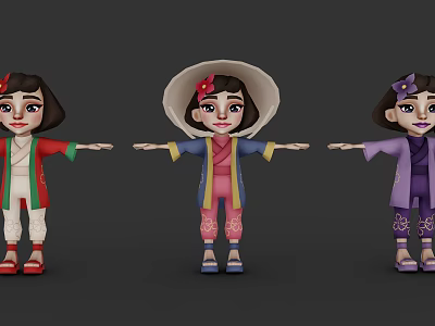 Three Cartoon Game And Movie Girl Characters In Different Colored Traditional Outfits With Hats 3d model