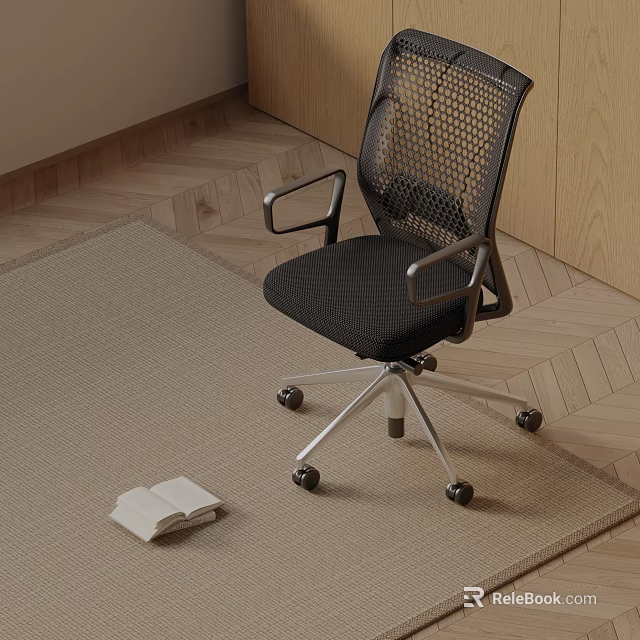 Black Mesh Massage Chair With Silver Metal Armrests Rolling Wheels On Beige Carpet Near Open Book 3d model 