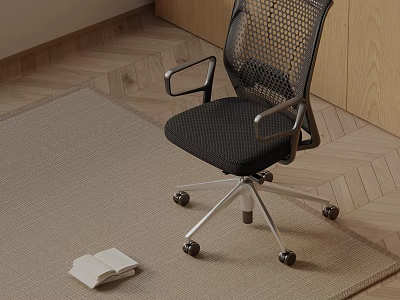 Black Mesh Massage Chair With Silver Metal Armrests Rolling Wheels On Beige Carpet Near Open Book 3d model