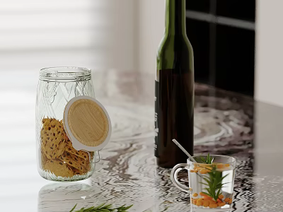 Kitchen Countertop With Glass Jar Cookies Green Bottle And Rosemary Glass Cup 3d model