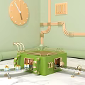 E-commerce Gift Delivery Green Box on Track with Gift Boxes Light Green Wall and Clock 3d model
