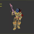 Sci Fi Robot Character With Mechanical Armor Holding Orange Rifle And Green Accents