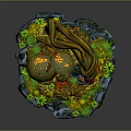 Fantasy Plant Landscape With Twisted Tree Trunks Green Foliage Red Mushrooms And Pink Flowers