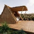 Garden Landscape Featuring Wooden Hut With Thatched Roof Wooden Deck And Outdoor Chairs
