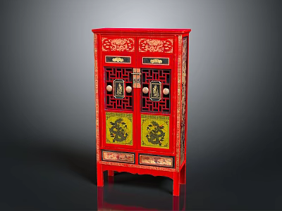 Traditional Chinese Cabinet With Red Finish Golden Decorations Dragon Patterns And Double Doors 3d model