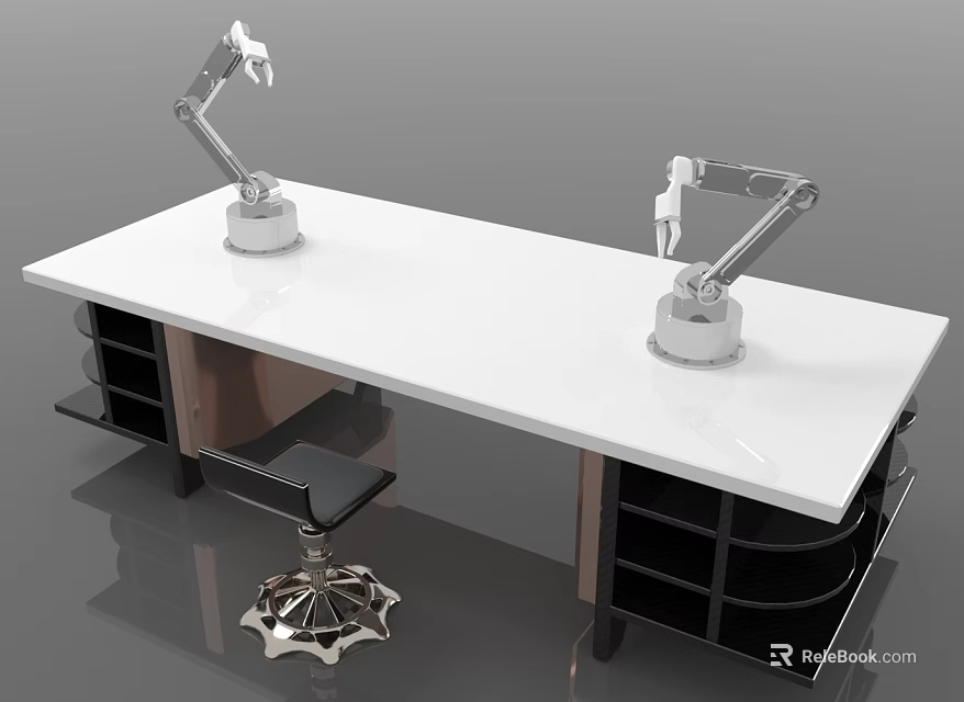 Modern Functional Desk with Dual Robotic Arms White Tabletop and Black Storage 3d model 