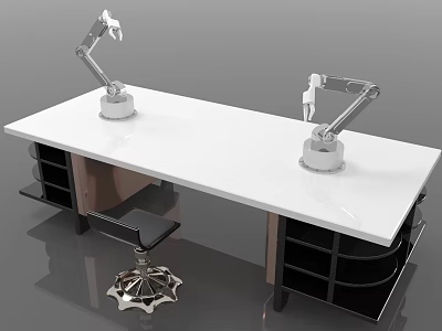 Modern Functional Desk with Dual Robotic Arms White Tabletop and Black Storage 3d model
