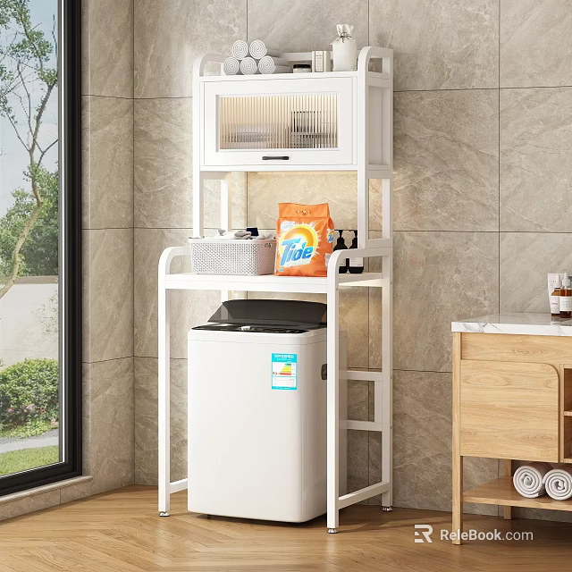 White Storage Rack with Washing Machine and Tile Wall for Laundry Supplies Organization 3d model 