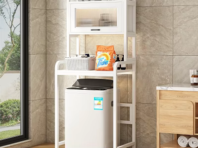 White Storage Rack with Washing Machine and Tile Wall for Laundry Supplies Organization 3d model