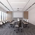 Modern Conference Room With Round Table Projection Screen Large Windows And Comfortable Chairs 3d model
