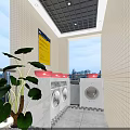 Modern Laundry Room With Red Sinks Washing Machines Yellow Signs And City View