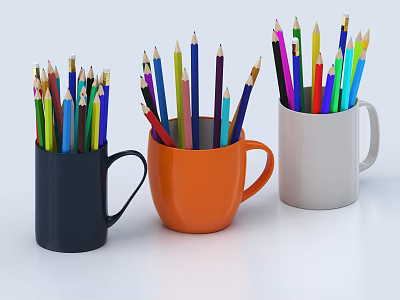 Three Various Colored Cups Filled with Assorted Colored Pencils on White Background 3d model