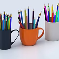 Three Various Colored Cups Filled with Assorted Colored Pencils on White Background