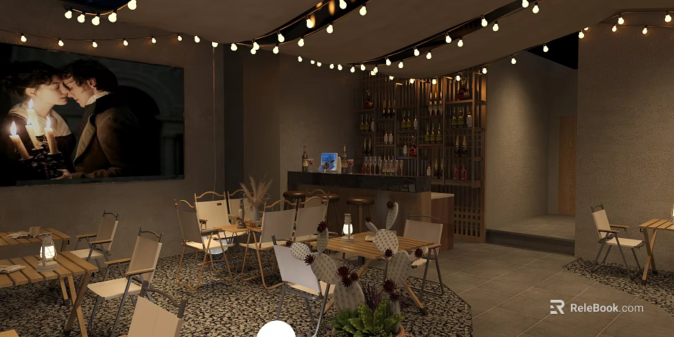 Cozy Restaurant Interior With String Lights Wooden Bar Counter Wine Rack And Decorative Plants 3d model 