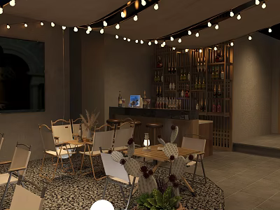 Cozy Restaurant Interior With String Lights Wooden Bar Counter Wine Rack And Decorative Plants 3d model