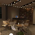 Cozy Restaurant Interior With String Lights Wooden Bar Counter Wine Rack And Decorative Plants
