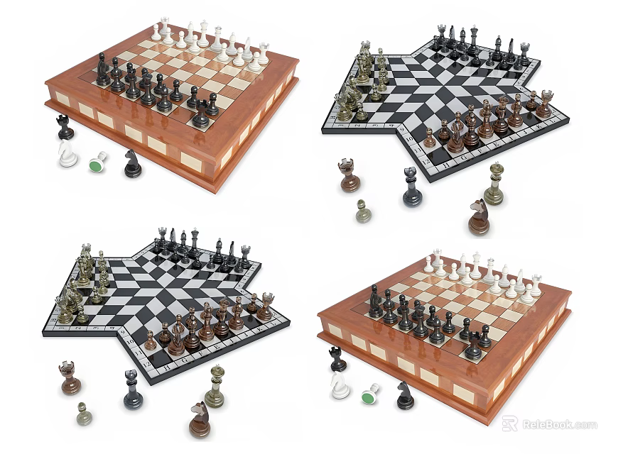 Stylish Chess Board Games With Various Designs Wooden Star Shaped Boards And Chess Pieces 3d model 