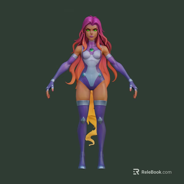 Game And Movie Character With Purple Pink Hair Green Eyes White Purple Bodysuit Yellow Accents 3d model 