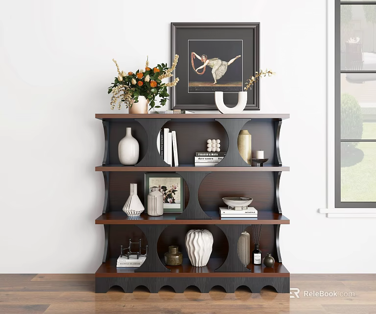 Stylish Dark Wood Entryway Console Table With Shelves And Decorative Items 3d model 