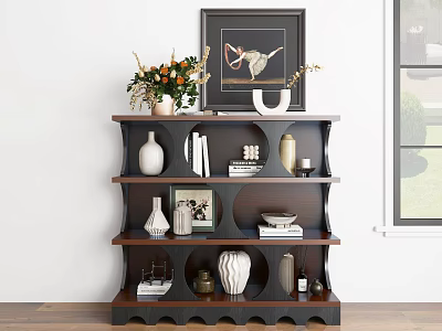 Stylish Dark Wood Entryway Console Table With Shelves And Decorative Items 3d model